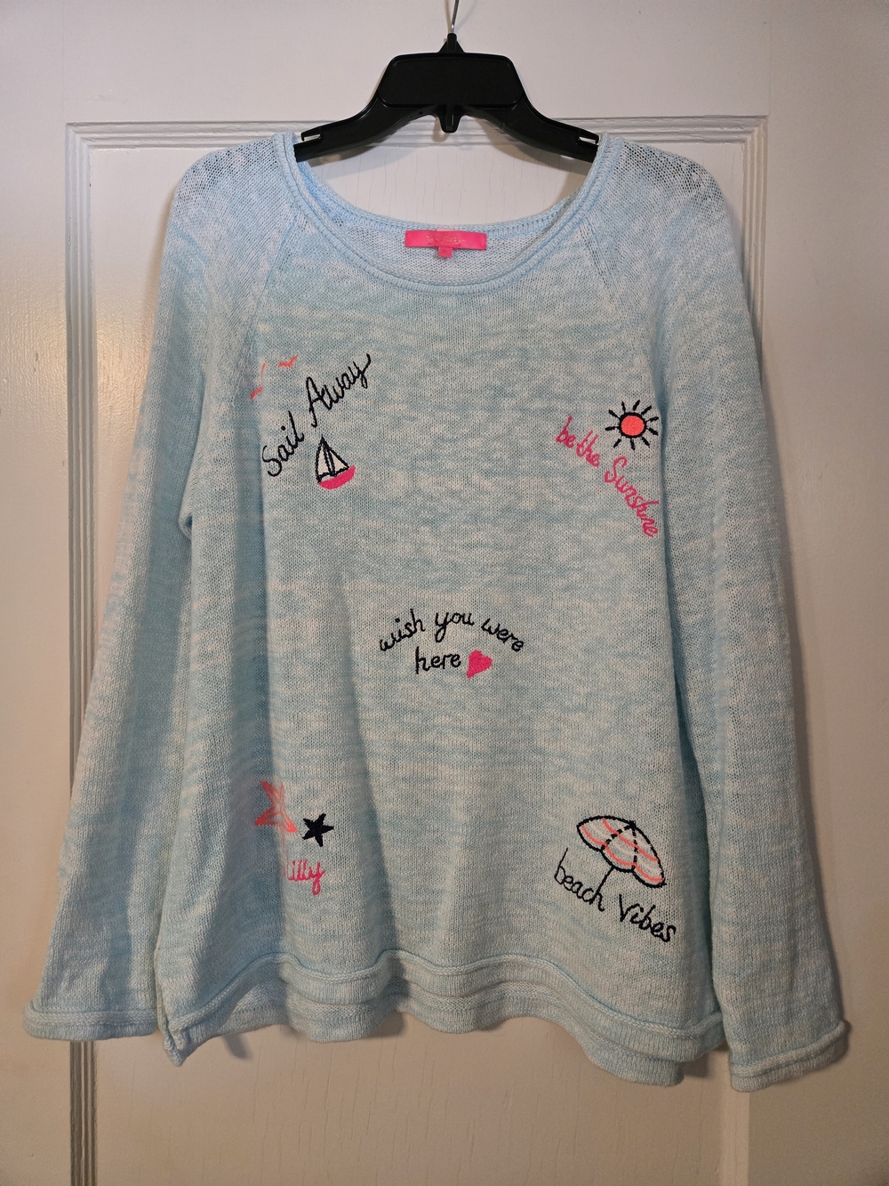 Lilly Pulitzer Light Blue Embroidered Crewneck Sweater with Pink Accents